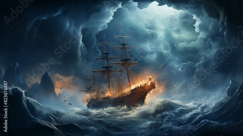 A lost ship sailing in the storm on a rough sea, about to collide with a gigantic iceberg