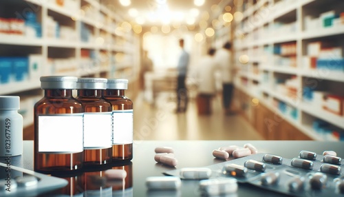 Scenic view of medical vials in pharmaceutical store