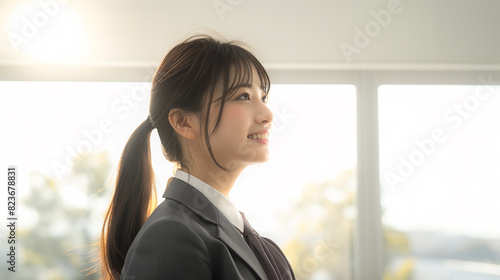笑顔が清楚な日本人女性学生、ポニーテールと制服姿が魅力的な若い横顔ポートレート_教室