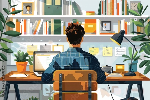 A detailed 2D illustration of a job interview preparation scene at home. The candidate is depicted sitting at a desk, reviewing notes and practicing answers in front of a mirror. The workspace