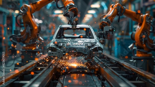 The closeup photo shows robotic arms welding a car chassis in a factory, Generated by AI