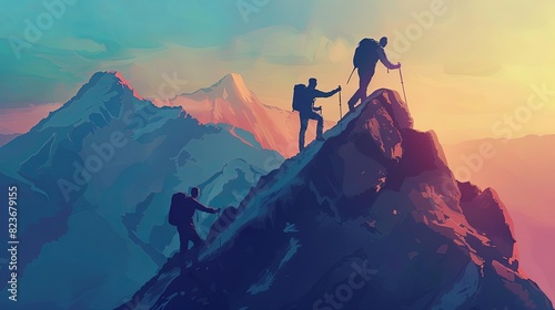 overcoming obstacles hikers helping each other reach the mountain peak digital illustration