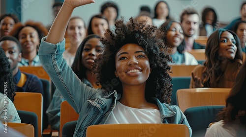 Smiling Black Student Raising Hand in Classroom.