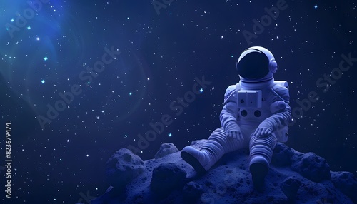 A 3D cartoon astronaut sitting cross-legged on an asteroid, with filled with small stars