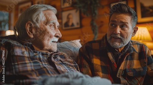 elderly care facilities, an elderly caucasian man peacefully resides in a cozy nursing home, with a diligent latino male caregiver providing daily check-ups amid framed happy memories