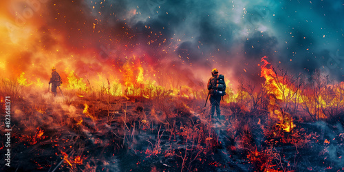 Professional firefighters extinguish a large forest fire. A team of highly qualified firefighters is walking through the burning forest. Fighting forest fires, safety rules in the forest