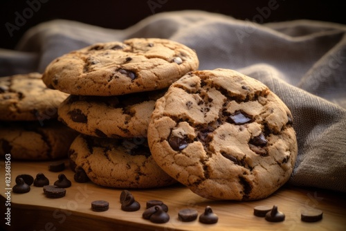 Juicy chocolate chip cookies on a wooden board against a natural linen fabric background