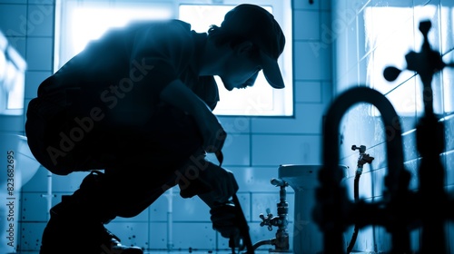 Plumber fixing a clogged drain, professional service, silhouette, bathroom.