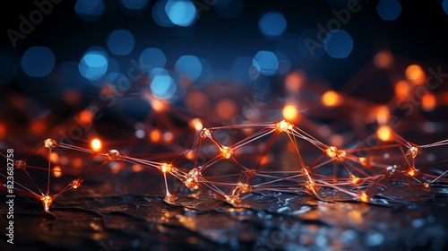 Abstract technology background of a quantum computing system with a cyber network grid and connected particles. Artificial neurons global data connections Generative AI