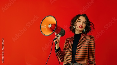 A stylish brunette woman in a chic outfit holding a loudspeaker, her expression filled with urgency as she announces Black Friday sales