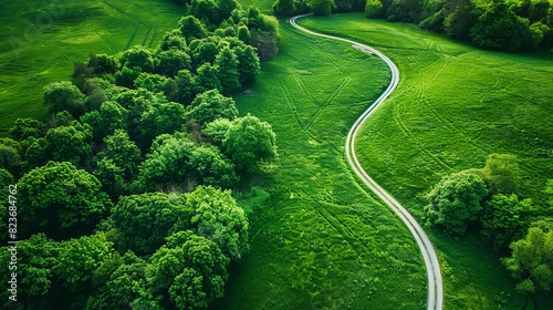 serene green meadow with winding country road idyllic rural landscape aerial view