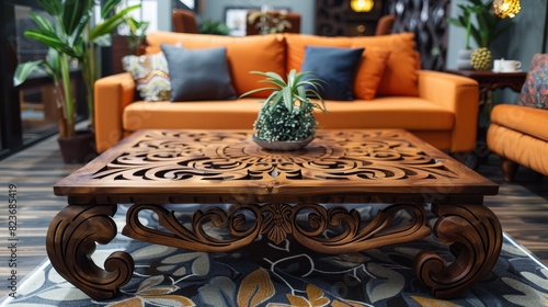 custom furniture design, elegant handcrafted wooden coffee table made from pallets with intricate details, elevating the style of your living room