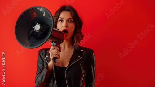 A stylish brunette woman in a chic outfit holding a loudspeaker, her expression filled with urgency as she announces Black Friday sales