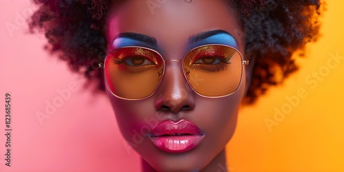 Stylish Afro pop model in sunglasses with bold makeup and vibrant colors. Concept Fashion Photography, Afro Pop Style, Bold Makeup, Vibrant Colors, Sunglasses