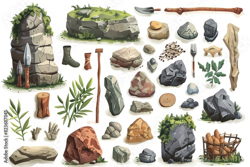 Stone Age objects in a vector illustration. Generative Ai
