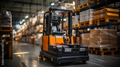 Forklift doing storage in a warehouse managed by machine learning and artificial intelligence automation, robotics applied to industrial logistics 