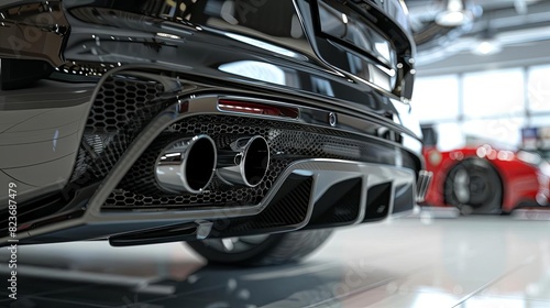 sleek sports car exhaust with dual chrome tips and carbon fiber diffuser showroom setting