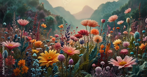 Fantastical scene with colorful flora, filled with surreal, joyful elements.