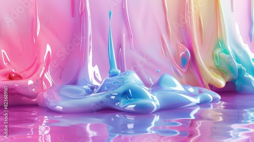 3D render of colorful liquid splashes and dripping on the floor, melting plastic in motion, floating with fluid shapes and abstract forms. 