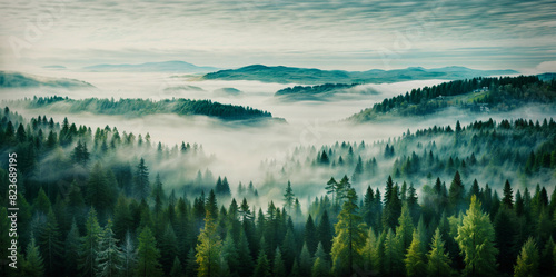 early morning Misty mountain landscape with fir forest in vintage retro style, haze, and mountain houses. 