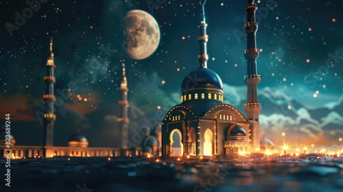 3d render of miniature mosque on dark background with planet and stars, ramadan concept