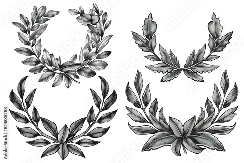 Four white and black laurel wreaths for prizes and awards. Generative Ai