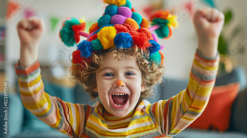 A cheerful child, adorned in vibrant colors and wearing both a clown hat and a silly cap,