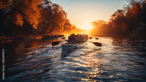 An atmospheric image capturing rowers on a misty river, as the early morning sun breaks through the trees, casting warm hues and dramatic lighting