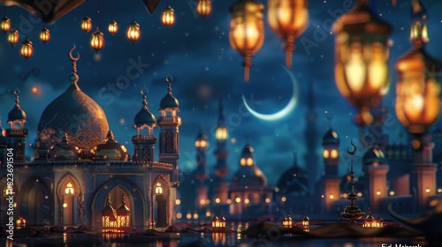 3D rendering of a Ramadan Kareem background with a mosque and lanterns illuminated at night, a crescent moon, and space to copy text saying "Eid Mubarak". Islamic greeting card template design