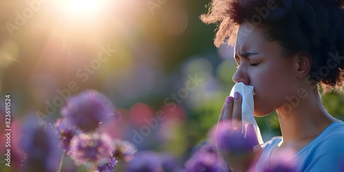 Woman with allergic rhinitis sneezing and holding tissue due to allergies. Concept Allergic Rhinitis, Sneezing, Tissue, Allergies, Woman, Symptoms