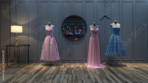 3D rendering of pink and blue evening dresses on mannequins in a modern room with a gray wall, round mirror, table lamp, and black dress hanger. The dresses are rendered