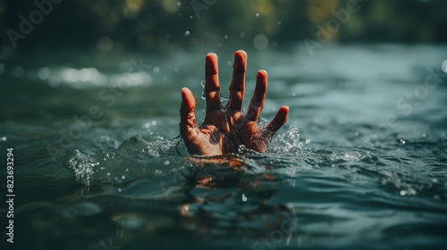 The desperate hand of a drowning person in sea water, quickly needing help and rescue