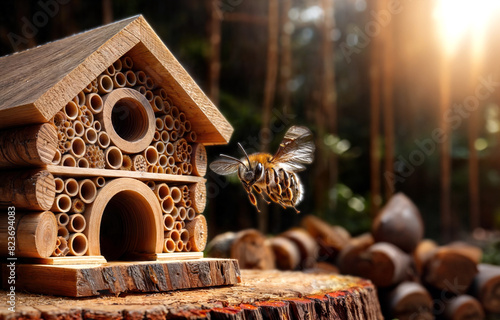 Miniature wooden house-hotel, specially designed to provide shelter and hibernation place for insects. Handmade using natural materials. Flying wasp to its new home with a place to copulate