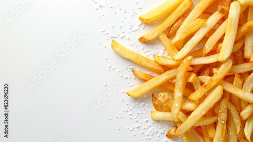 A pile of crispy golden french fries sprinkled with salt on white background.