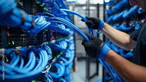 A technician wearing gloves is installing blue network cables into a patch panel.