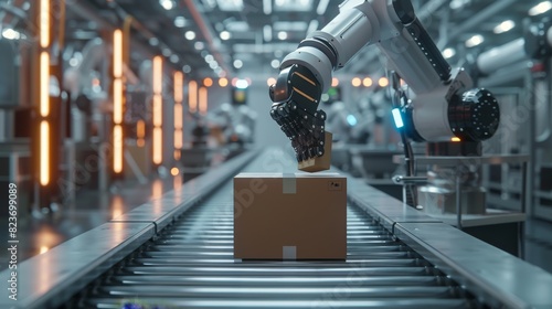 The closeup photo shows a robots gripper firmly grasping a box above the conveyor belt, Generated by AI
