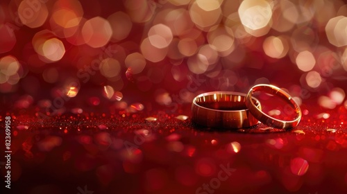 A pair of golden wedding rings on a red background with bokeh lights.