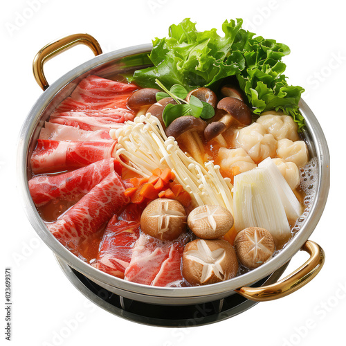 Shabu-shabu, Japanese hotpot dish top view isolated on transparent background 