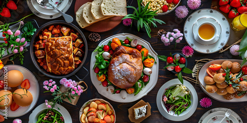 A Rustic Table Full of Diverse Easter Meals Featuring Yam Eggs, Showcasing an Abundance of Farm-Fresh Produce and Culinary Masterpieces
