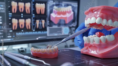 Dental model of teeth with dental instruments and x-ray image in the background.