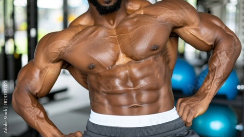 Muscular dark-skinned male adult flexing biceps in gym