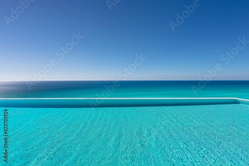 Infinity pool with a view of a turquoise ocean and clear blue sky