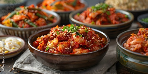 Photo of assorted kimchi dishes offers a flavorful Korean culinary experience. Concept Kimchi Delights, Korean Cuisine, Flavorful Dishes, Authentic Food Experience