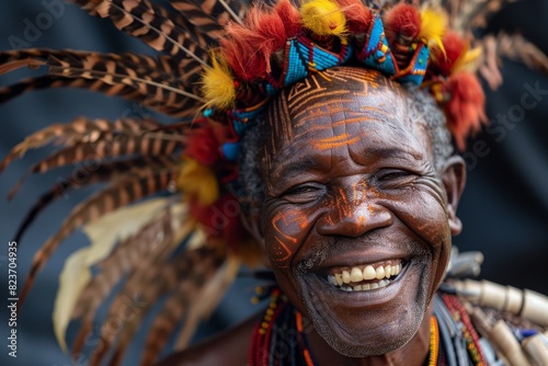 Smiling African tribal chief in traditional clothes