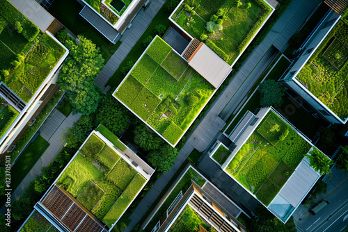 Aerial view of buildings with green roofs, focusing on the contrast between the natural vegetation and the urban structures. 