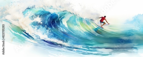 A man is surfing on a wave in the ocean,watercolor illustrations ,summer season.