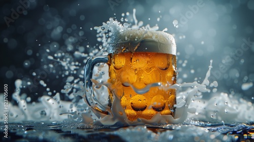 beer mug with beer and foam, water splash