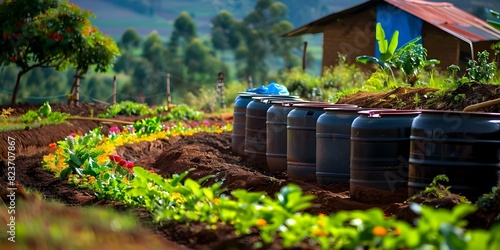 Tranquil farm with sustainable water conservation system and rainwater harvesting tanks. Concept Farm Life, Sustainability, Water Conservation, Rainwater Harvesting, Tranquility