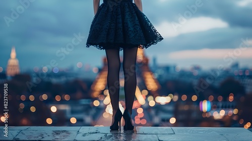 Elegant woman in a black dress stands overlooking city lights at dusk. Conceptual image of style, fashion, and night skyline. AI