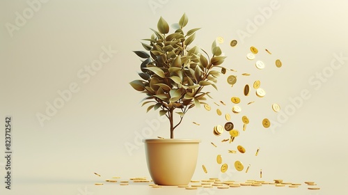 Financial growth concept with plant and coins on pastel background